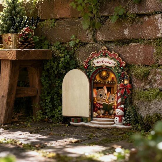 Eco Friendly Wooden Christmas Decor Elf Door Decoration, Miniature Fairy with Cute Mouse Interactive Holiday Wall & Openable Door, Corner for