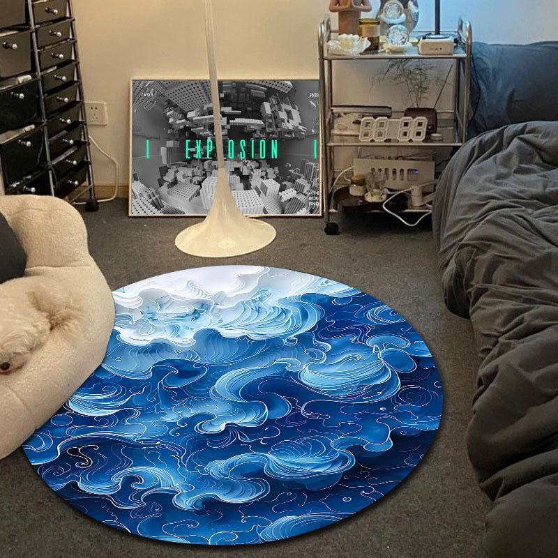 Folk Round Ocean Multicolor Area Rug, Non-Slip Floor Mat for Kitchen