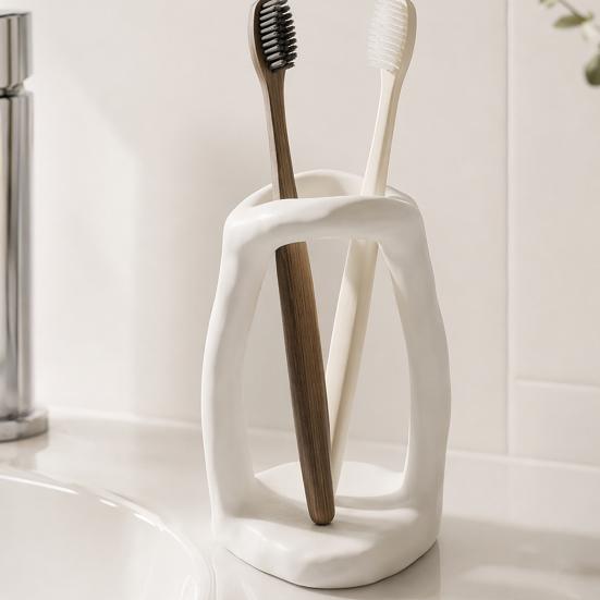 Toothbrush Holder, with Irregular Hollow Artistic Shape, Modern Style Compact Bathroom Organizer, Matte Finish Multi-Use Storage Rack