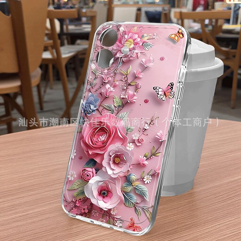 Прозрачный чехол для iPhone 15/14 Pro Max с розовым тюльпаном 11/12/13 полноразмерный противоударный 16/17 PM