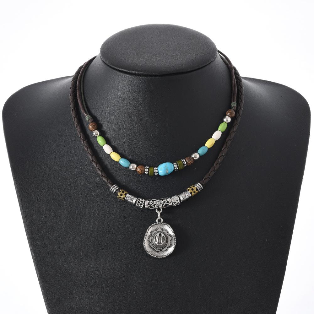 Butterfly-shaped Wooden Beaded Double-layer Necklace, Women's Retro-style Woven Rope Collarbone Chain