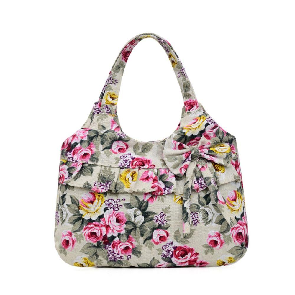 Retro Women Canvas Handbag Bow Shoulder Bag Female Flower Printed Fashion Small Canvas Bag