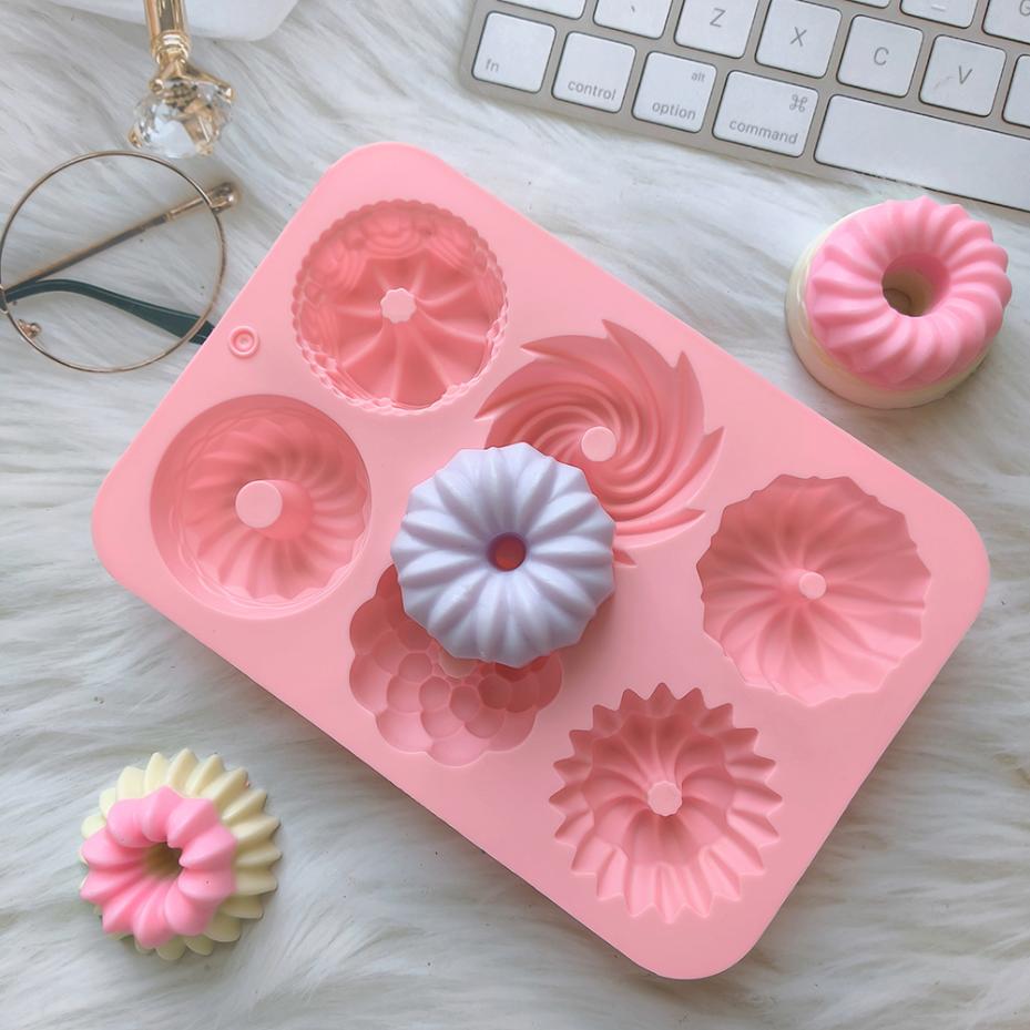 1 Pcs Silicone Donut Baking Molds Multicolor Doughnut Pans 6-Cavity Designs Donut Flower And Swirl Shaped Suitable For Baking