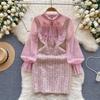 Spring Autumn Women Sweet Lace Ruffles Tweed Patchwork Party Dress Sequined Mini Short Plaid Pencil Dresses