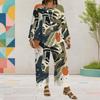 Women Plus Size White Printed Round Neck Long Sleeve Layered Top Wide Leg Cropped Pants Two Piece Set