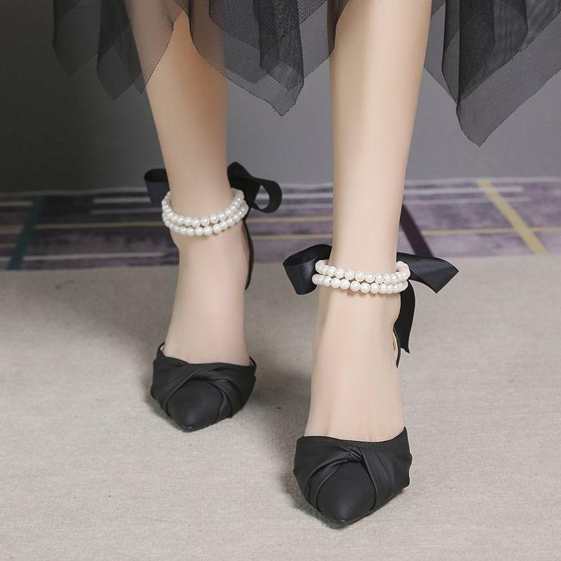 High Heels Bow Sandals 2025 Summer New Popular Temperament French Beaded Middle Heel Pointed White Single Shoes