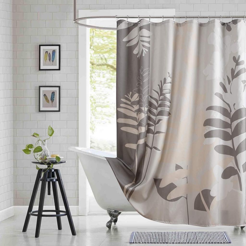 Тканевая шторка для душа с цветочным узором, Бежево-серая шторка для душа с растительным принтом, Водонепроницаемая шторка для ванной