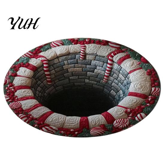 Creative Christmas Party Decor Round Area Rug, 3D Optical Illusion Floor Mat with Santa Candy Cane Winter Holiday Carpet Print, Non-Slip Stain