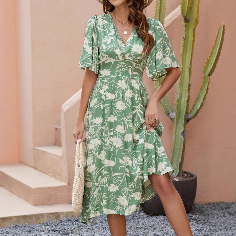 Женское платье с принтом, V-образным вырезом и коротким рукавом, пляжное платье в стиле бохо