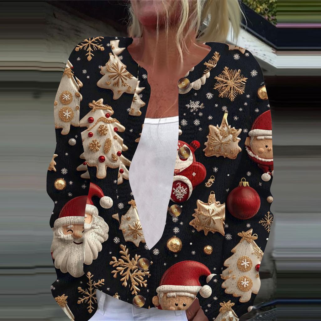 Women's Fashion Christmas Printed Long Sleeve Knitted Cardigan Button Down Jacket