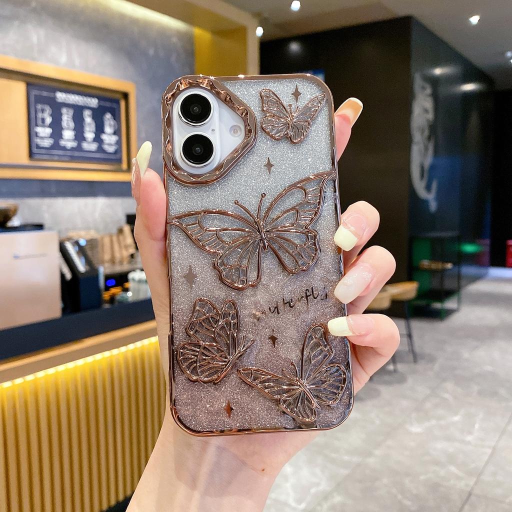 For iPhone 16 Plus Case 3D Butterfly TPU Phone Cover with Gradient Glitter Paper