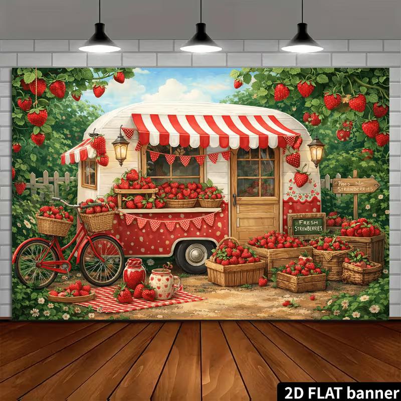 2D Flat Print Farm Fresh Strawberry Trailer Backdrop Party Background Cloth