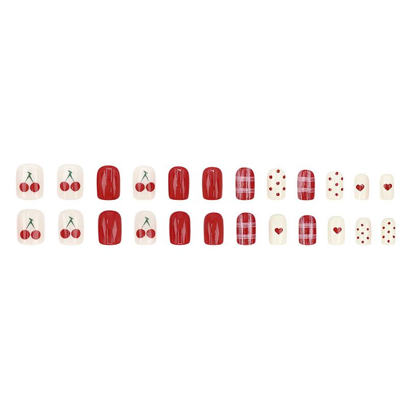 24Pcs Polka Dot Heart Check Cherry Short Square False Nails With Jelly Adhesive Detachable Full Cover Press On Artificial Nails