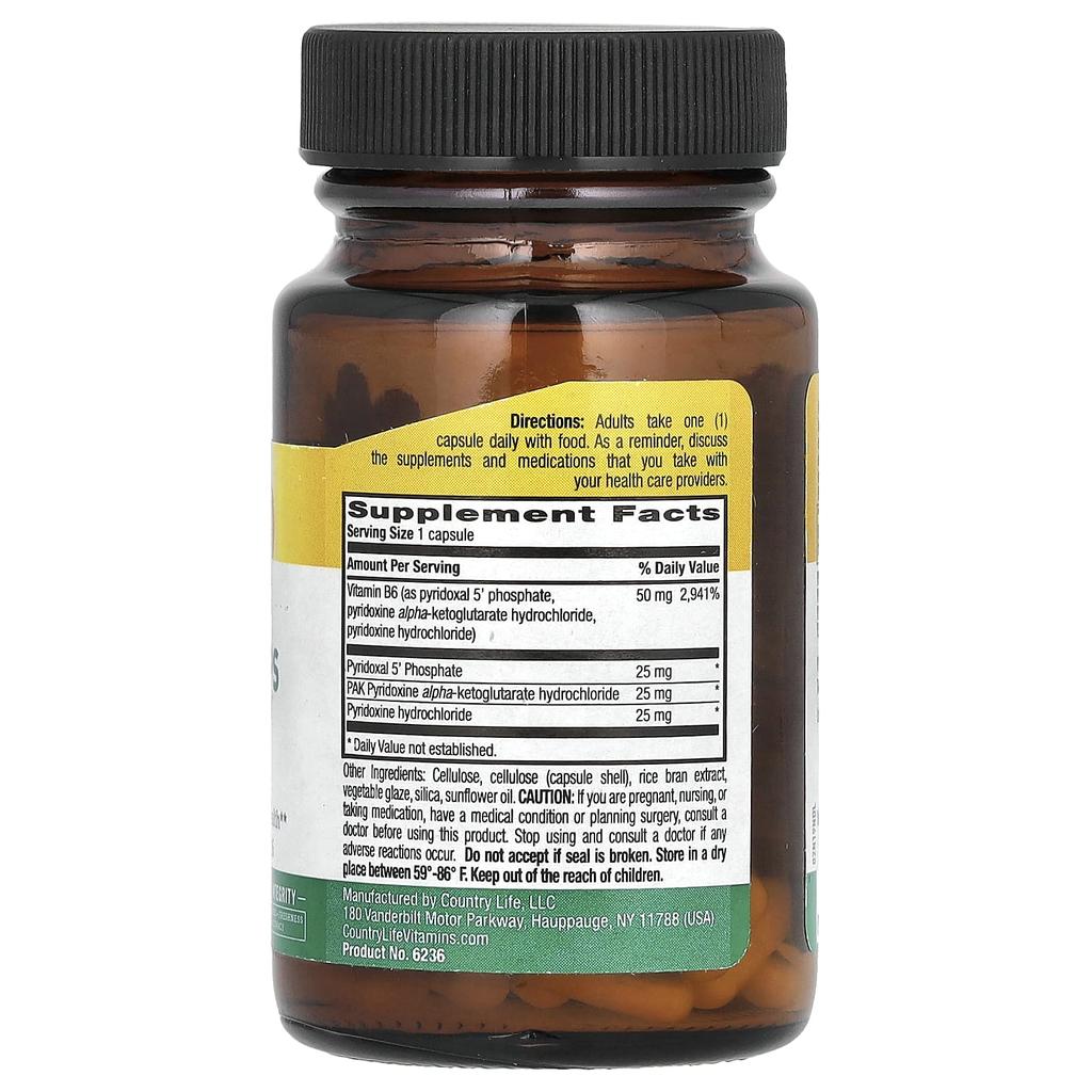 Country Life Gluten Free, Coenzyme Activated B6 Capsules, P-5-P/Pak, Vegan Capsules 30