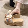 Female Flower Butterfly Slippers Summer Large Size Slope Heel Beach Shoes Open Toe Round Head High Heels Pantufa Feminina