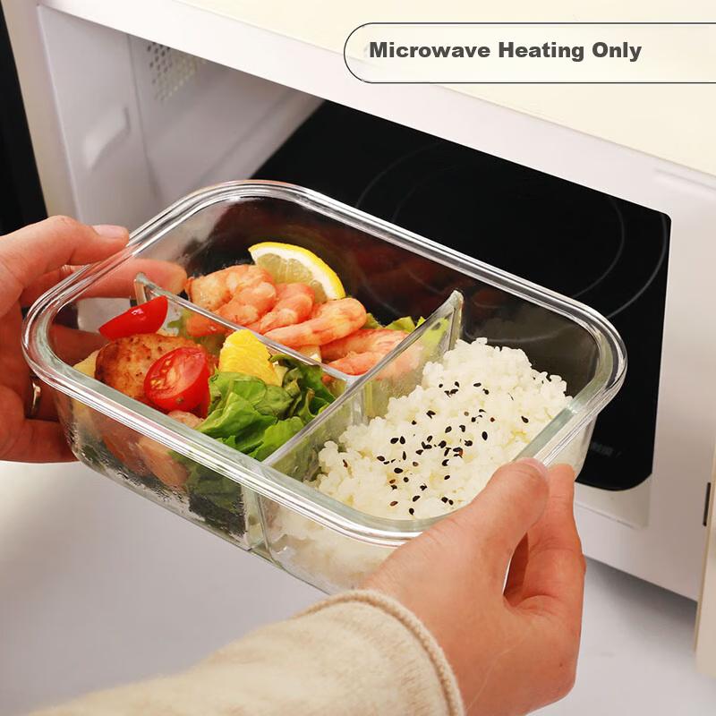 Heat-Resistant Glass Food Storage Containers Microwave Lunch Box for Office Workers with 3 Compartments 1000ml + 400ml Round + Bag + Cutlery Set