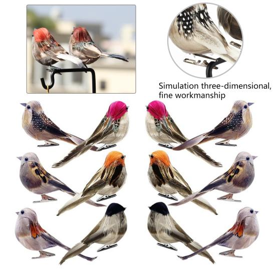 12Pcs Simulation Bird Realistic Vivid Appearance 6 Different Colors Spring Artificial Sparrow Feather Bird with Fixing Clip Home Decor