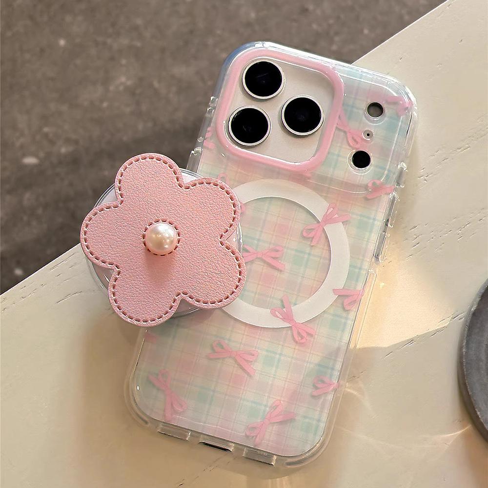 3D Flower Cute Pink Bowknot Magnetic Grip Tok Phone Case for iPhone 16 15 14 17 Pro Max Wireless Charge Girl Cover for Magsafe