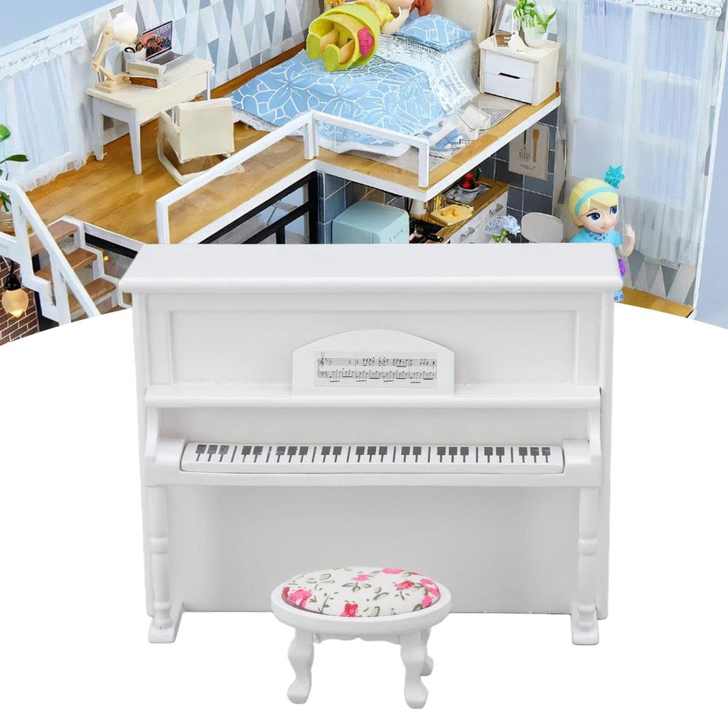 Кукольный рояль, 1:Деревянное миниатюрное пианино масштаба 12, Модель миниатюрного пианино со стулом, Музыкальная табуретка, Декоративные аксессуары, Имитация жизненной сцены, Гостиная