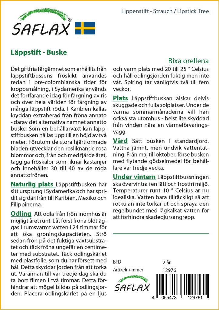 SAFLAX Подарочный набор - Дерево для губной помады - 20 семян - С подарочной коробкой, карточкой, этикеткой и субстратом для цветов - Bixa orellena