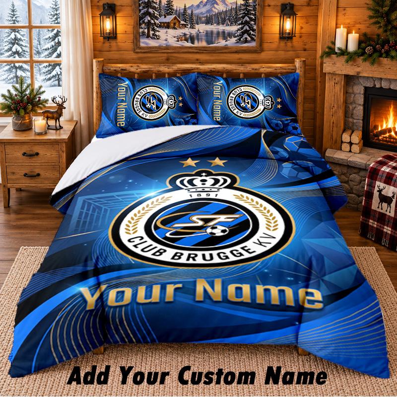 Club Brugge FC Pattern Bedding 3Pcs Set Custom Name, Bed Sheet And Pillowcases For Home Bedroom