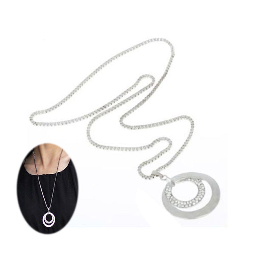 Women Rhinestone Long Necklace Pendant Silver Plated Chain