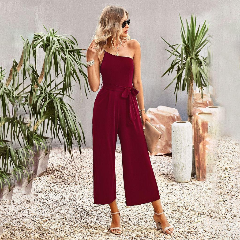 Off Shoulder Strap Jumpsuit Women's Spring Summer Temperament Commuting Solid Color Straight Pants