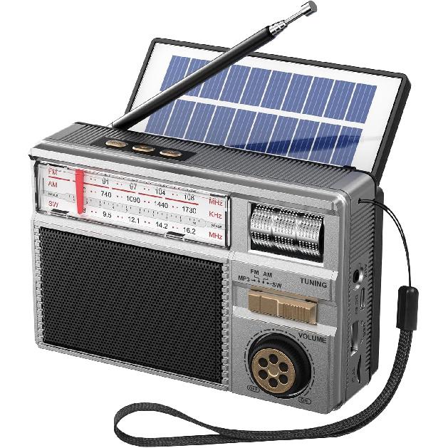 Portable Radio AM FM Shortwave with Bluetooth Speaker, Transistor Radio USB-C Rechargeable/Solar Battery Operated, Support TF Card AUX USB Player