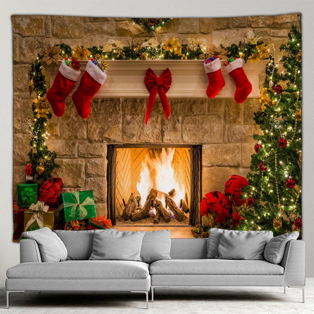Рождественский камин, большой гобелен, рождественская елка, снеговик, мультяшный кот, ночь, звездное небо, настенное одеяло, фреска