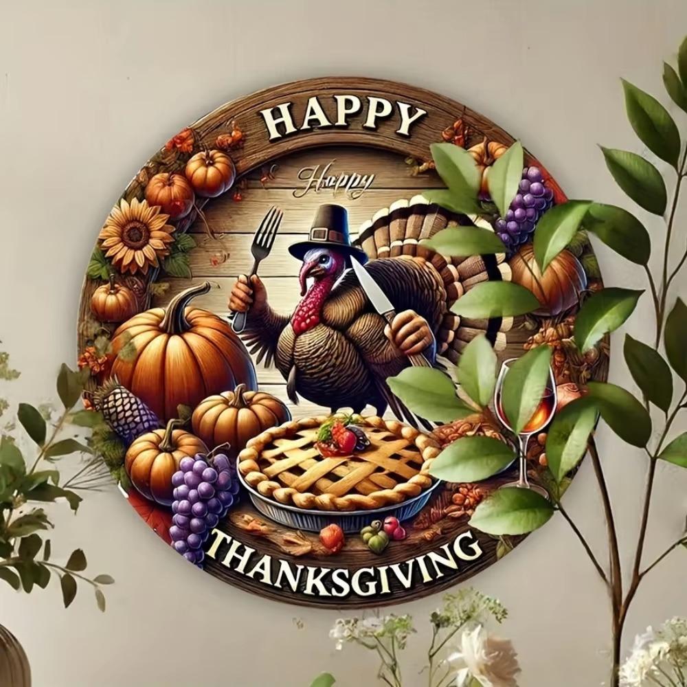 Thanksgiving Festive Sign: A "Happy Thanksgiving" 2D Round Plaque Embellished with Turkey and Autumn Harvest Decor