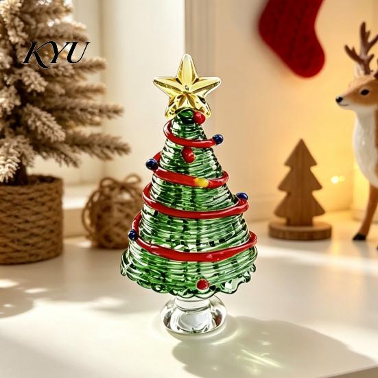 Colorful Glass Tree for Home Glazed Christmas Figurine with Star Moon Decor, Rotating Handmade Ornament Wire Wrapped Desk Mini Holiday Tabletop