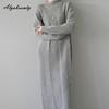 Spring Autumn Women Midi Knitting Dress Beige Black Gray Bandage Knitted Dress Lace Up Casual Split Stylish Sweater Dresses