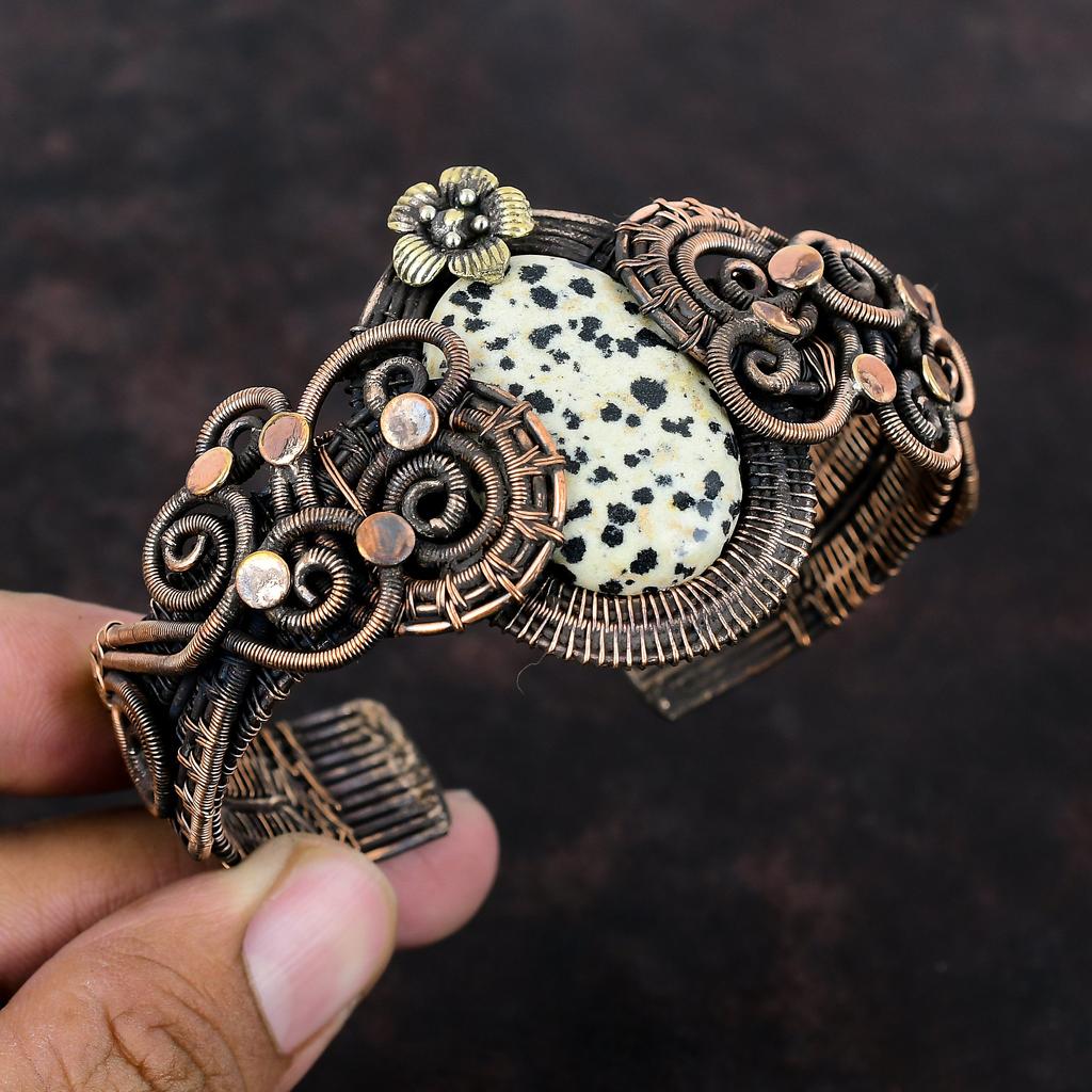 Далматинская яшма, драгоценный камень, медная проволока, браслет-манжета, регулируемый браслет, медные украшения ручной работы, цветок, браслет-манжета для подарка