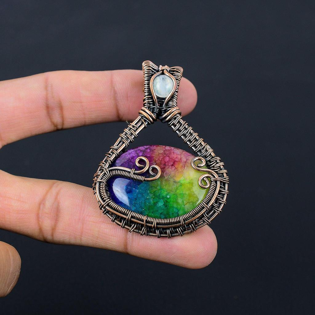Rainbow Solar Quartz Gemstone Pure Copper Wire Wrapped Handmade Pendant Jewelry For Her