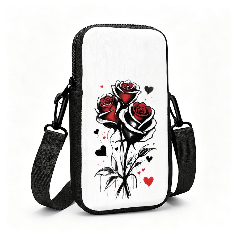 Gothic Red Rose and Black Hearts Print Crossbody Phone Bag, Romantic Floral Pattern Small Shoulder Purse, Fashion Aesthetic Cell Phone Sling Bag for V