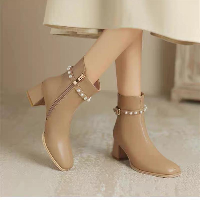 Fashion Boots for Ladies Non-Slip Outdoors Solid Color 2024 New Autumn Winter Women's Ankle Boots Leather Pearl Decoration Boots