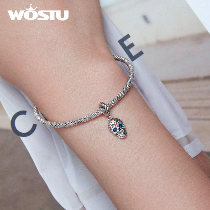 WOSTU Authentic 925 Sterling Silver Colorful Enamel Skull Charms Pendant for Women Fine Jewelry