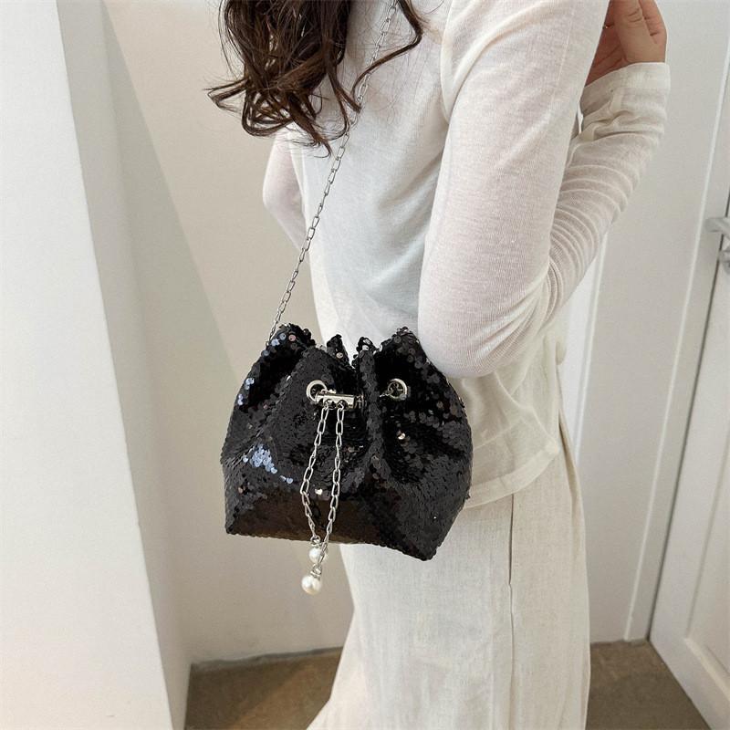 Trendy Chain Bucket Bag 2023 Summer New Sequin Shoulder Bag Street Fashion Commuter Crossbody Bag