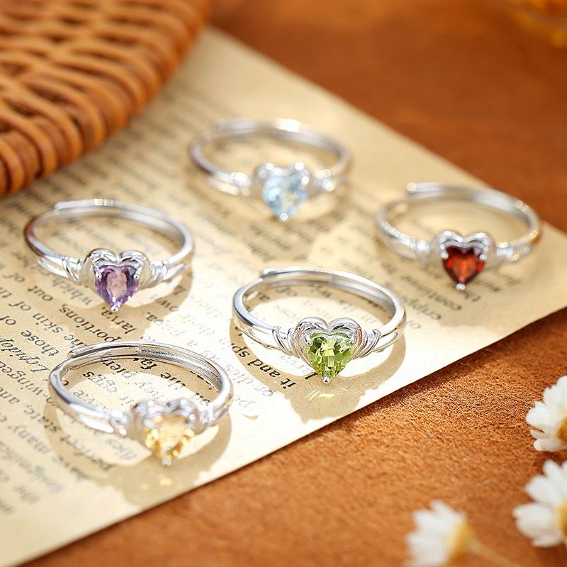 Heart Shaped Natural Crystal Ring S925 Sterling Silver Niche Open Ring Topaz Women Jewelry