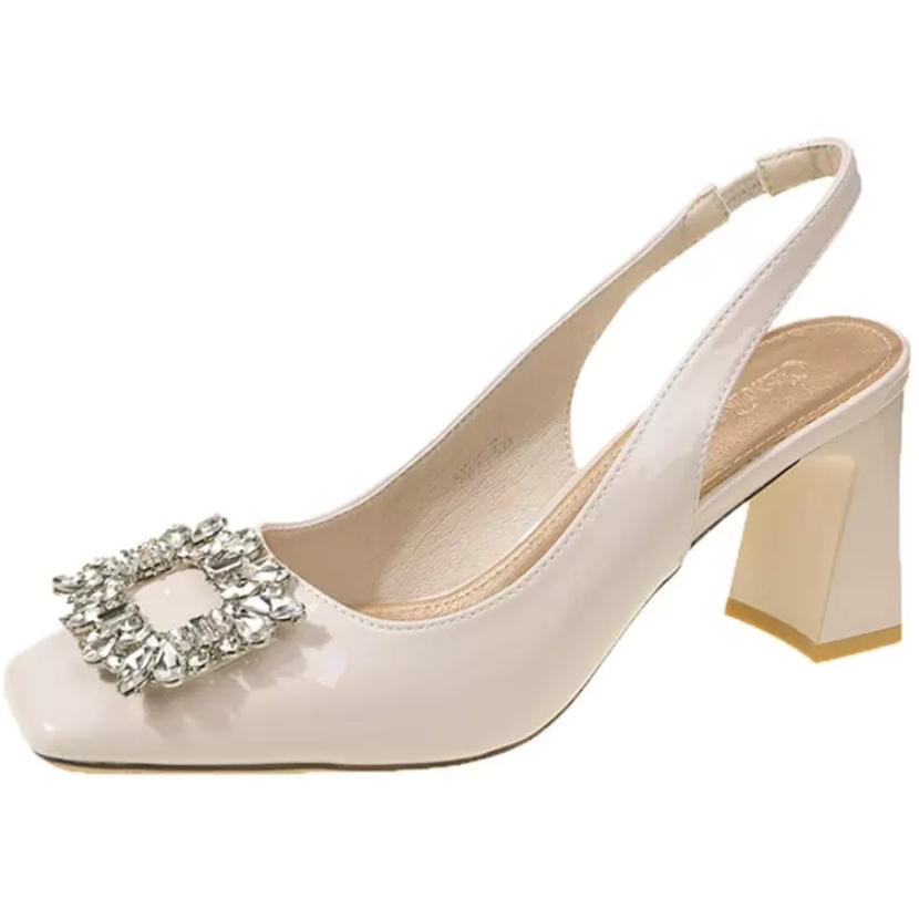 2024 летняя мода стразы квадратные пуговицы высокие каблуки босоножки толстые лакированные кожаные ремешок сзади женские туфли-лодочки