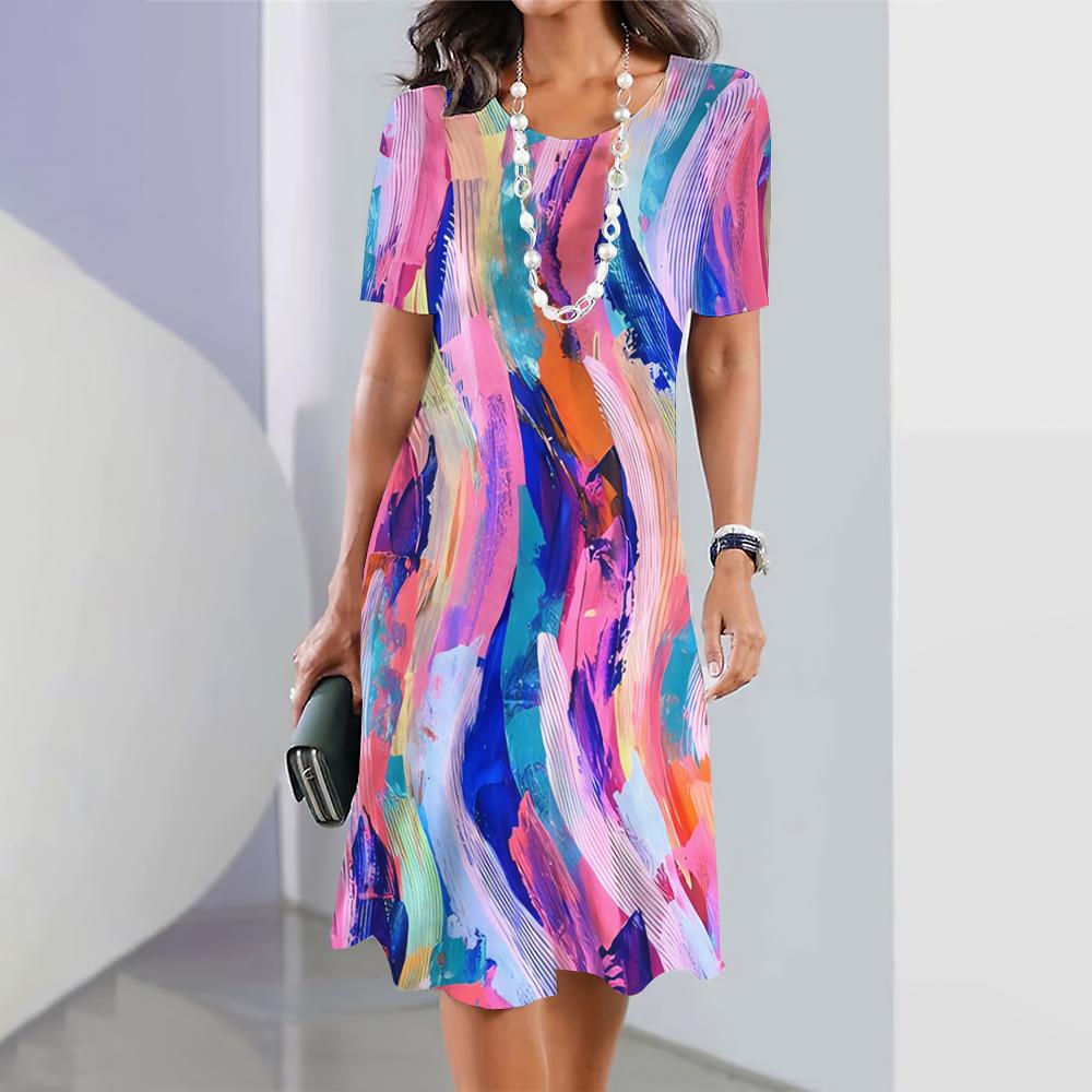 Летняя женская одежда Свободная юбка А-силуэта с короткими рукавами Стильное платье с 3D-нерегулярным принтом Женская одежда Платья с круглым воротником