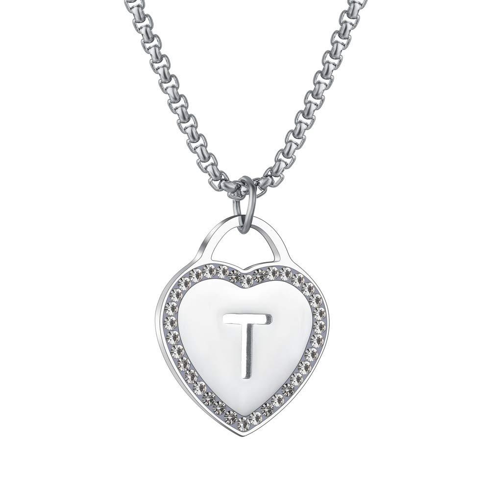 Women's Silver Initial Necklace Stainless Steel Love Heart Tiny Letter Necklace Personalized Name Jewelry for Girlfriend Gift 26 Alphabet Letters