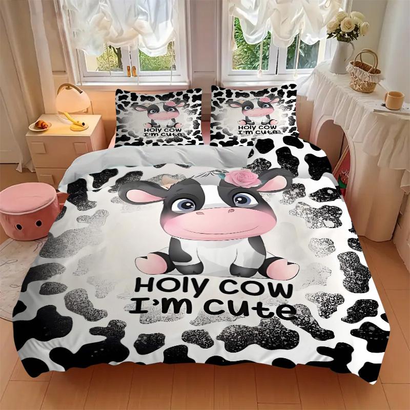 3pcs Adorable Cow with Pink Rose Printed Quilt Set - Soft and Comfortable Quilt Cover for Bedroom, Guest Room and Dormitory Decorative Beddi