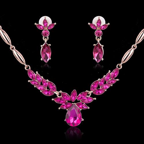 Womens Alloy Rhinestone Pendant Flower Necklace Earrings Wedding Jewelry Set