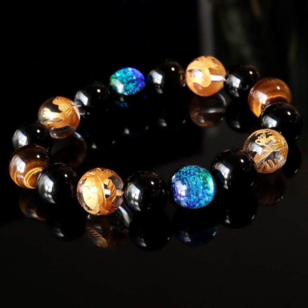 Four Gods Firefly Glass Bracelet 12mm Glowing Kerama Marine Crystal Natural Stone Power Stone Accessory [GOLD STONE] Men's