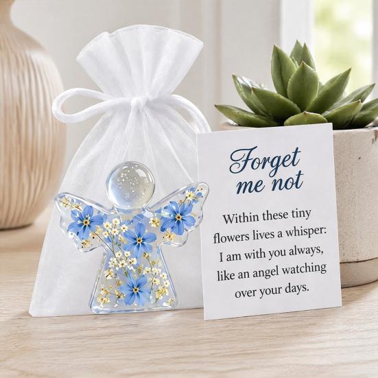 Handmade Floral Angel Ornament Forget Me Not Dried Flower Keepsake, Mini Acrylic Pocket Hug Figurine, Forget-me-not Memory Token Memorial Comfort