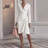 Sexy V Neck Long Sleeve Dress Solid Color Gown Dress, Slim Fit Hip-Hugging Pleated Cocktail V-Neck Midi for Party Commuting Dates Hip Hugging