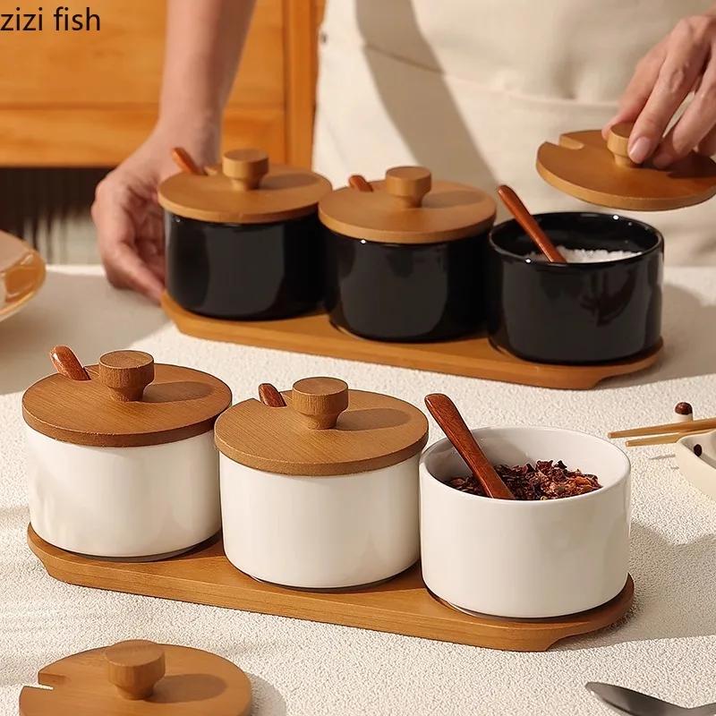 Керамическая банка для приправ с крышкой из бамбука и дерева, с ложкой, банка для специй, солонка, сахарница, банки для перца, набор кухонных приправ