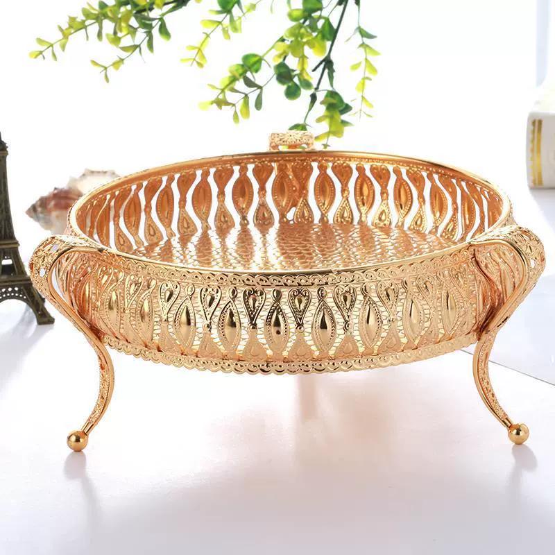 European Retro Metal Fruit Tray Creative Palace Style Golden Circular Square Fruit Tray Home Desktop Decor Snack Storage Trays