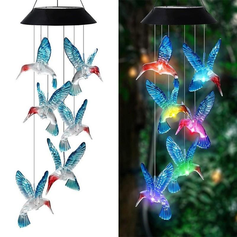 Solar Powered Wind Chime With LED Lights Metal Bells Hummingbird Butterfly Decor Garden Patio Yard